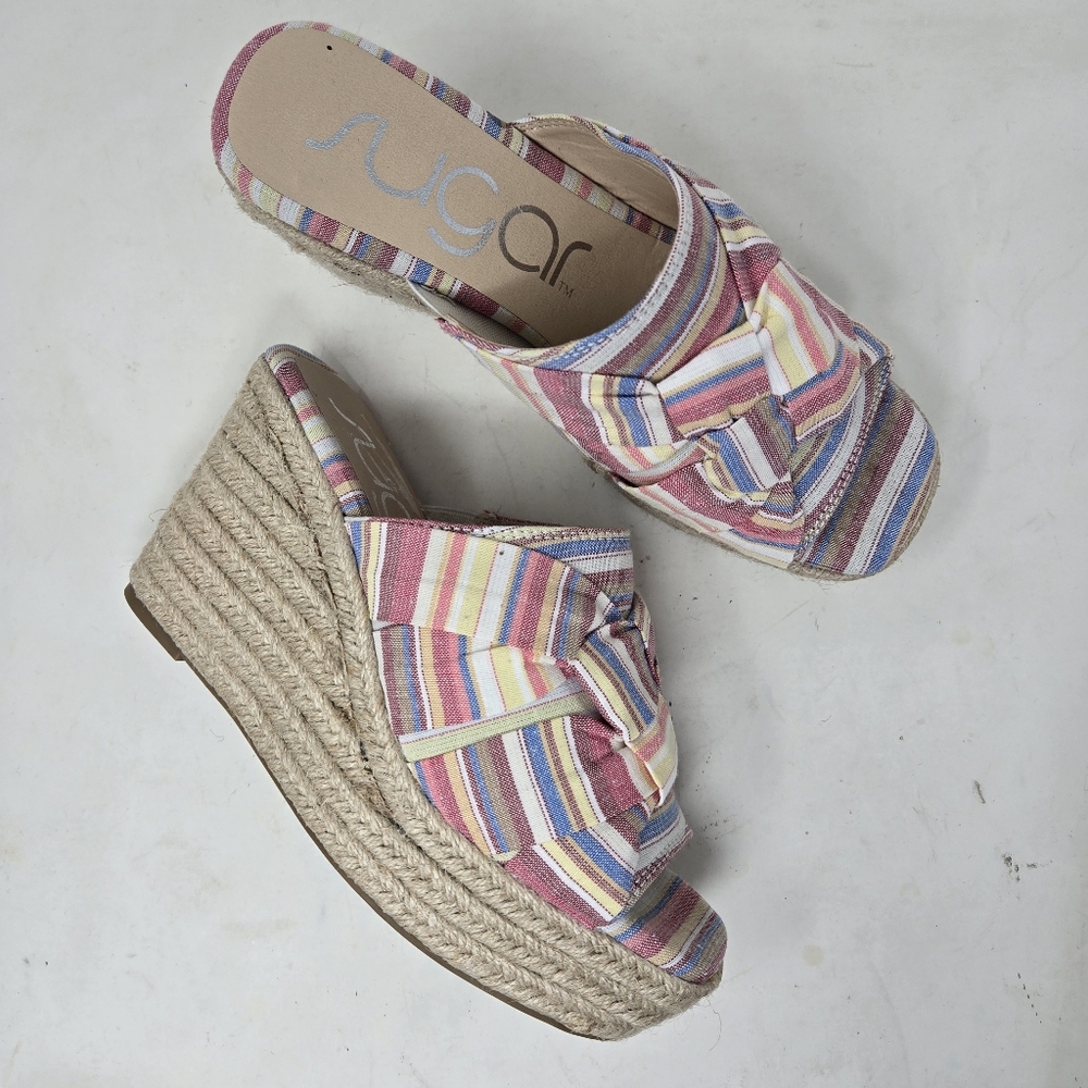 SUGAR Harlem Colorful Striped Wedges Slip on Open Toe Women's Size 8M